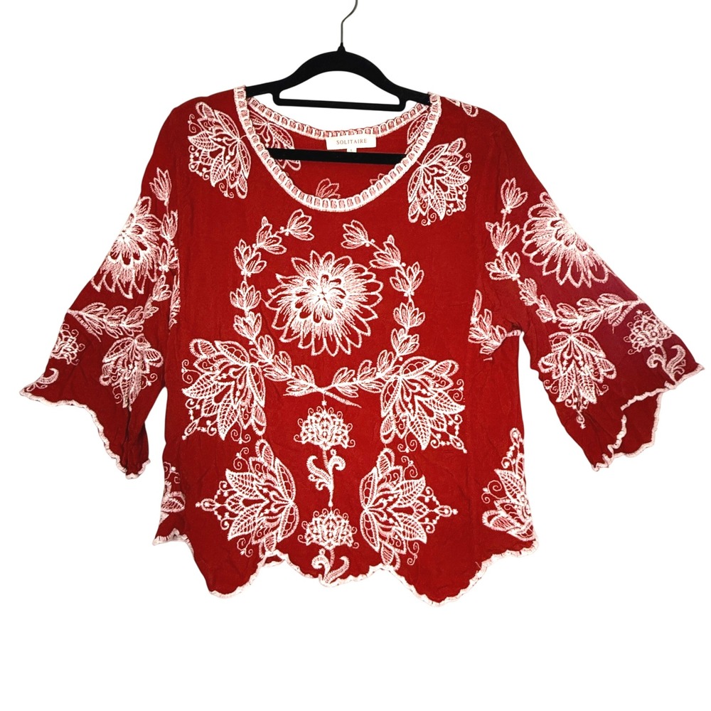 Solitaire L Red White Embroidered Rayon Blouse Bell Sleeve Boho Floral Top